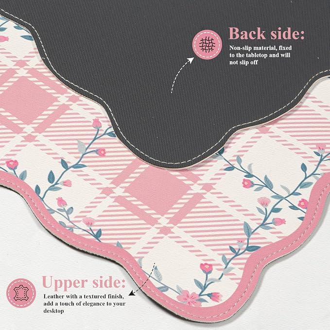 iCasso Vintage Floral Desk Mat, Large Mouse Pad, XXL Leather Scalloped Checkered Computer Mat, Back to School Girly Non-Slip Base Mousepad, Pink Desk Accessories for Home Office (Light Pink)
