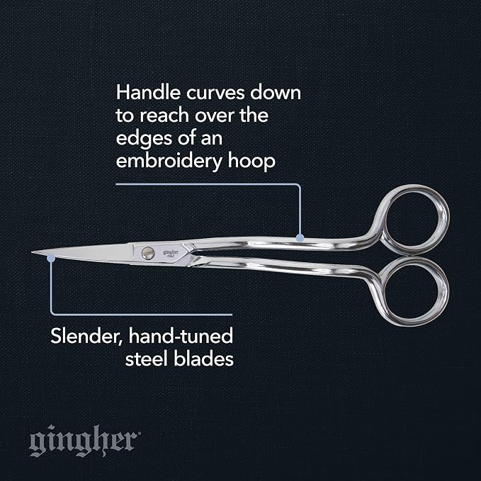 Gingher 6" Double-Curved Embroidery & Applique Scissors for Crafting | Extra Long Handles Curve Over Embroidery Hoops, Sharp & Durable Forged Steel Blades Cut Threads Close to Fabric
