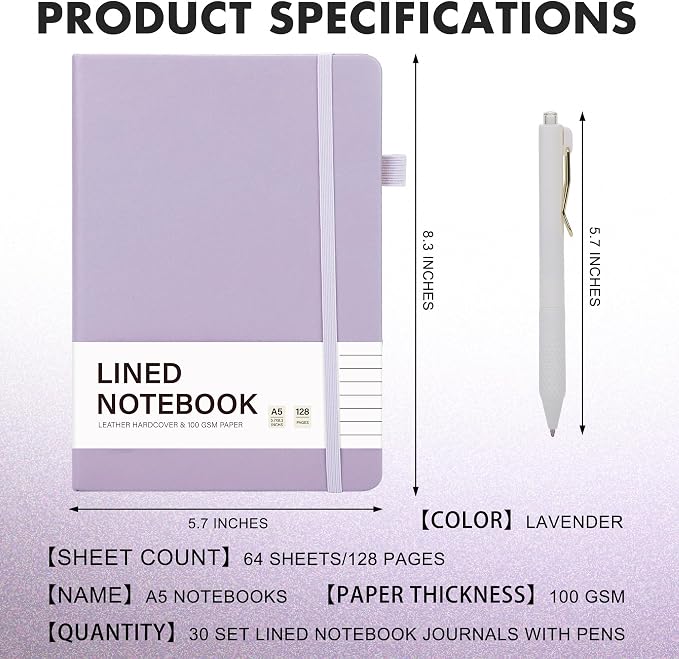 Aodaer 30 Set Lined Notebook Journals with Pens A5 Notebooks 100 GSM College Ruled Hardcover Notebook PU Leather Notepad with Pen Holder for Office School, 5.7 x 8.3 Inches, Lavender