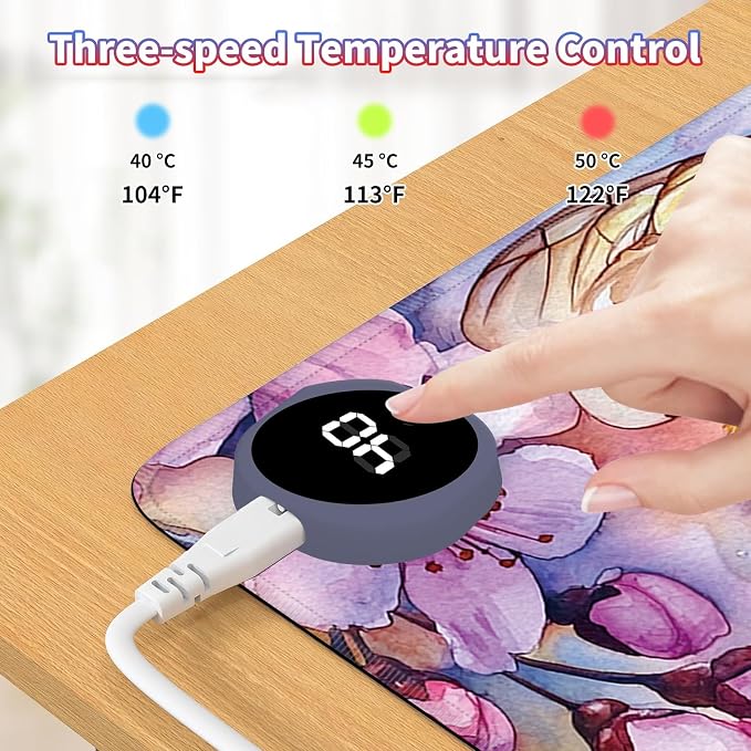 Heated Desk Pad Large Mouse Pad 31.5 x 13 inch with 3 Levels Heating & Auto Shut-Off Warm Mouse pad PU Leather Computer Mousepad for Home Office Work - Cherry Blossom and Bee
