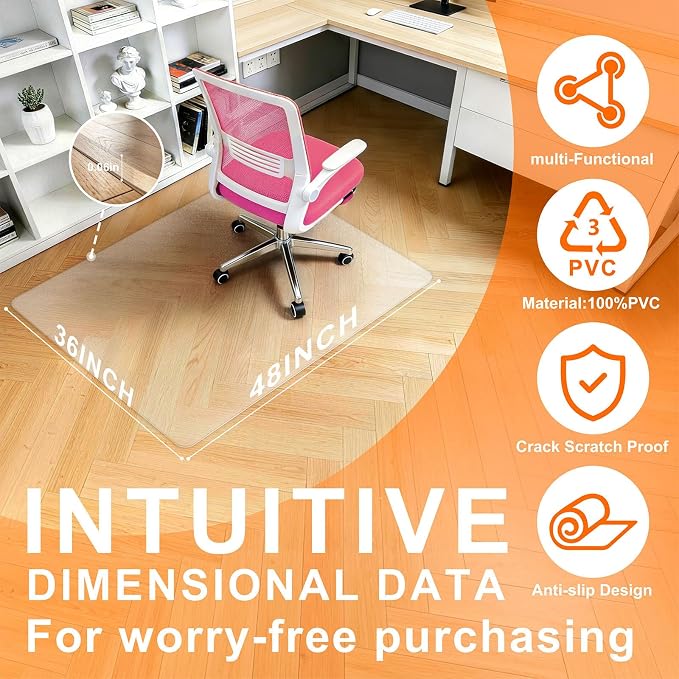Clear Chair Mat for Hard Floor, 36" x 48" Heavy Duty Desk Mat, Rectangle | Durable Thick PVC, Anti-slip Grip Backing, Smooth Rolling Surface, Scratch-resistant Surface