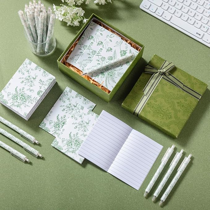 Engrowtic 24 Set Sage Green and White Floral Mini Notebooks and Ballpoint Pens Chinoiserie Vintage Pocket Notepads Gel Pens Small Journals for Bridal Wedding Baby Shower