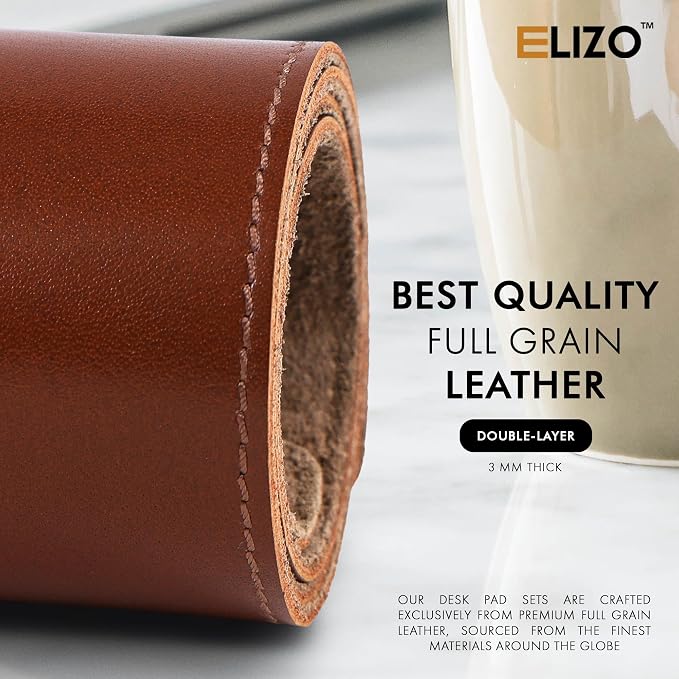 ELIZO Leather Desk Pad Real Leather Desk Mat Thick (3mm) Double Layer (32x16) Cover Blotter Desk Protector Large Computer Mat for Keyboard Mouse Pad Table Laptop Mat Office Accessories - Camel