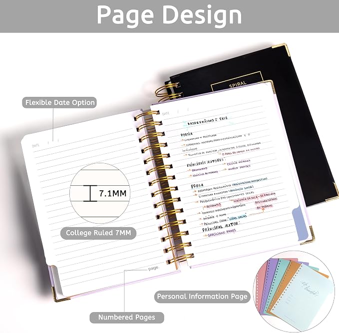 Hardcover Spiral Notebook with Tabs 6.1"x8.3" Small Spiral Lined Journals for Women Men with Dividers 200 Pages College Ruled Composition Notebook 5 Subject Notebook for Work School Gifts, Black