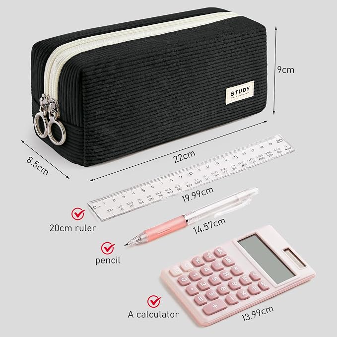 KALIDI Large Pencil Case Corduroy Pencil Pouch Box Cute School Supplies for Teen Girls Boys, Black