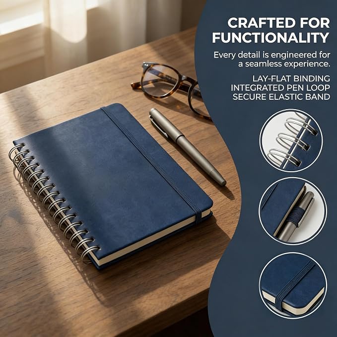 Hardcover Double Coil Spiral Notebook, Premium PU Leather Cover Twin Wire Binding Journal with Elastic Band, A5 Business Notebook for Office, School, Writing & Note-Taking
