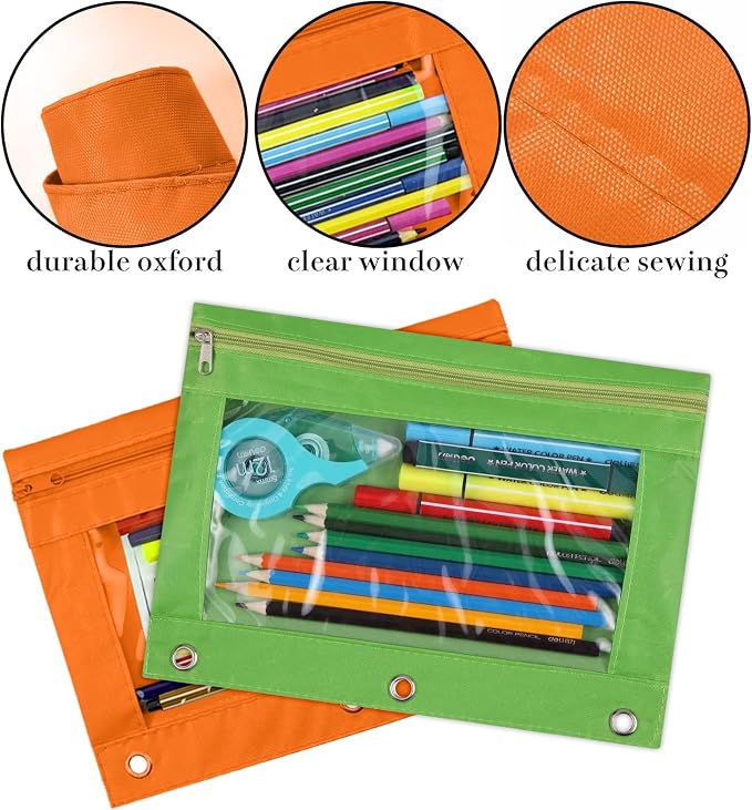 3-Ring Pen Pencil Pouch with Clear Window Stationery Bag Binder Case Classroom Organizers Green