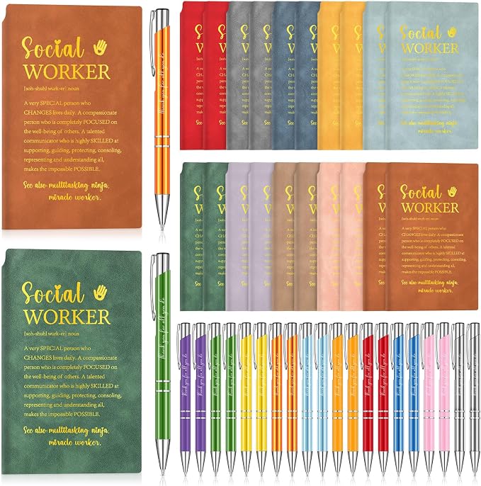 Colarr 40 Pcs Appreciation Gifts Bulk Inspirational PU Leather Notebook Journal & Pen Set Thank You Gifts for Staff, Employees, Coworkers, Nurses(Vivid Colors,Social Worker)