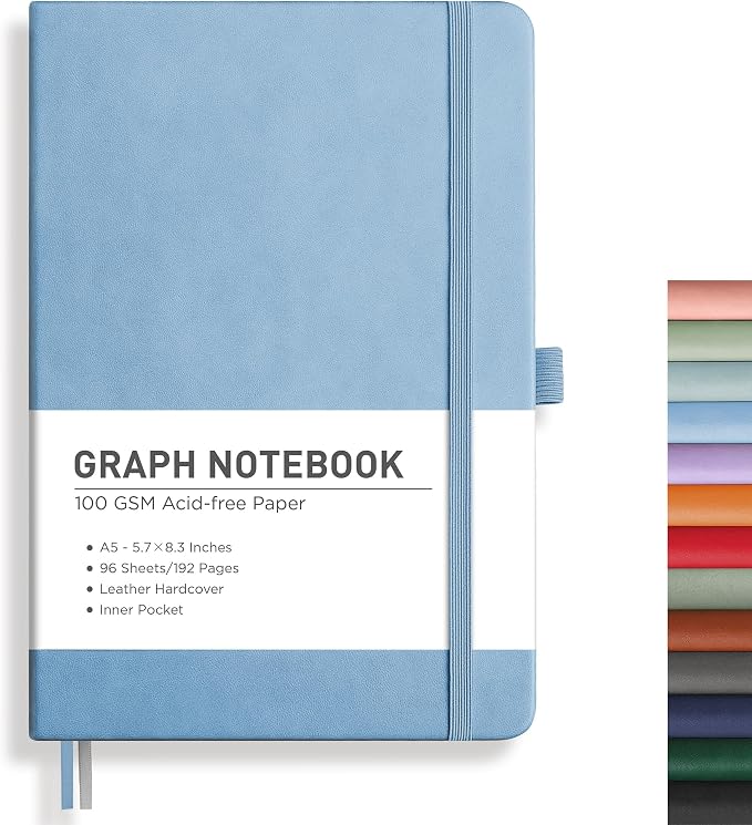 RETTACY Graph Grid Paper Notebook, 192 Pages, A5 Size (5.7'' x 8.3'') | 5 Squares per Inch, Leather Hardcover, 100 GSM Thick Paper, for School, Students, Math, Engineering (Light Blue)