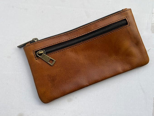 Vintage Leather Pencil Case Pouch, Pen Pouch for Work & University, for Men,Women/Leather Pencil Cases for Adults Perfect for Office/Tool Pouch Zipper Bag, Small Tool Bag (Light Tan)