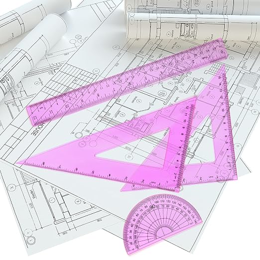 Coopay 12 Inch Math Geometry Tool Plastic Ruler Square Set Includes Straight Ruler, Triangles, Protractor for Student School Office Supplies (Pinkish-Purple)