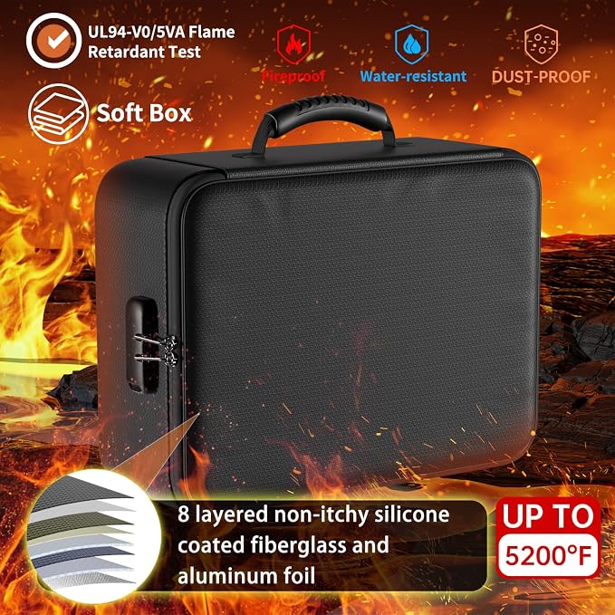 DocSafe 5200°F Fireproof Document Organizer Box with Lock, Heat Insulated | Upgraded Fire＆Water-Resistant Box 8 Layers File Organizer,Portable Home Travel Safe Storage for Important Documents and More