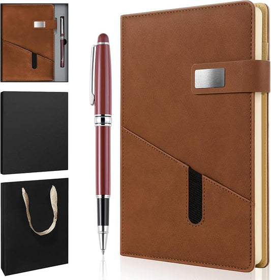 A5 Lined Leather Notebook and Pen Set with Gift Box, 240 Pages Refillable Journal with Pocket and Magnetic Buckle, Hardcover Daily Diary for Men and Women Business Travel Personal Writing- Brown