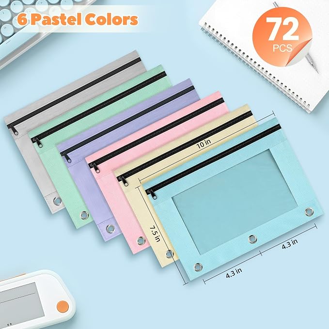 Lanpn Pencil Pouch for 3 Ring Binder 72 Pack, Pastel Binder Pen Bags Bulk with Zipper, Aesthetic 3 Holes Pencil Holder Organizer for Boy Girl Kids School Student, Reinforced Grommets & Clear Window