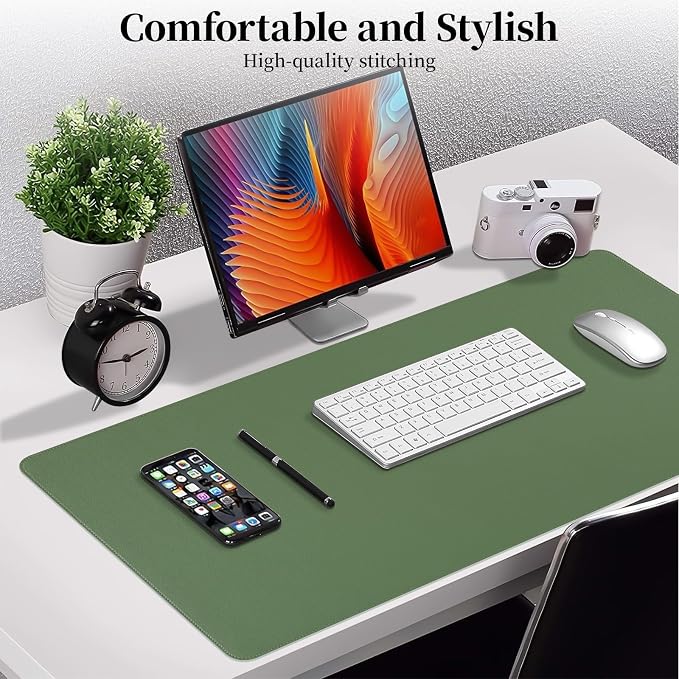 Olive Green Leather Desk Mat Large Mouse Pad, Waterproof Desk Pad for Keyboard and Mouse, Non-Slip Computer Desk Protector, Smooth Mouse Movement Desk Mat for Home and Office(35.4"×17")