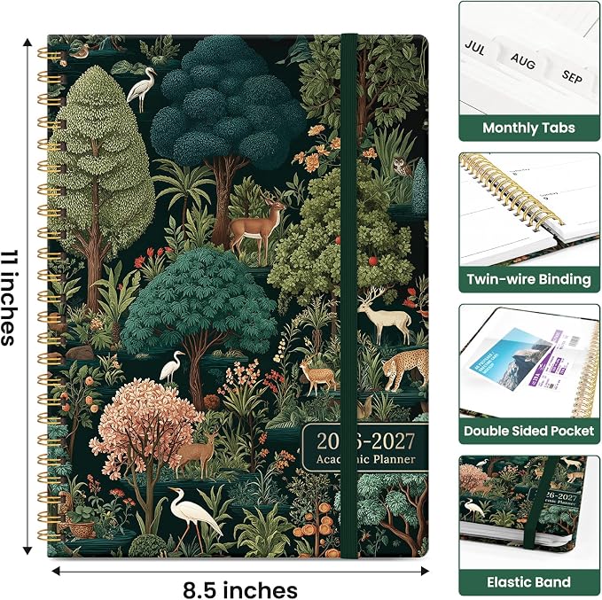 Planner 2026-2027, Academic Year Weekly and Monthly Calender Planner, from Jul 2026 - Jun 2027, Spiral Bound School Planning Book, Perfect for Teacher, Student, Women & Men, A4 (8.5" x 11"), Enchanted Grove