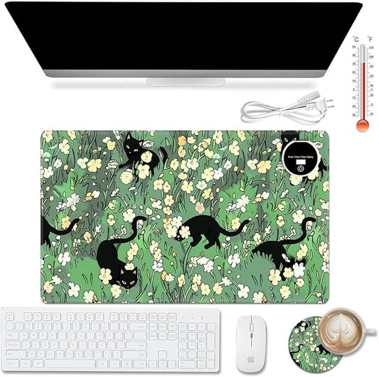 Heated Desk Pad Mouse Pad,Heated Desk Mat,with 3 Heating Levels & 3 Hours Auto Shut-Off,Leather 23.6"*14.2" Gaming Mouse Laptop Mat,Foot Warmer,Cat Floral Green