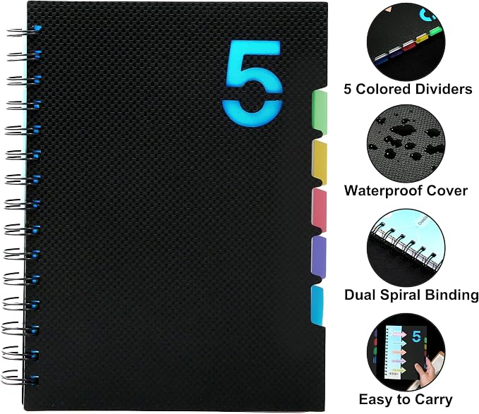 CAGIE 2 Pack 5 Subject Notebook, Small Spiral Notebook with Tabs | 6.1'' x 8.2'', A5 Spiral Notebooks College Ruled, 240 Pages Note book for School Note Taking, Black