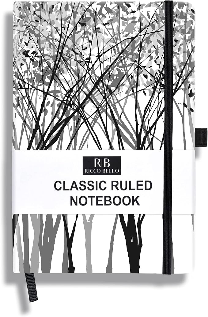 RICCO BELLO Lined Journal Notebook, Black and White Tree, Hardcover | With Pen Holder, College Ruled, 96 Sheets / 192 Pages, 5.7 x 8.4 Inches, For Work, Notes