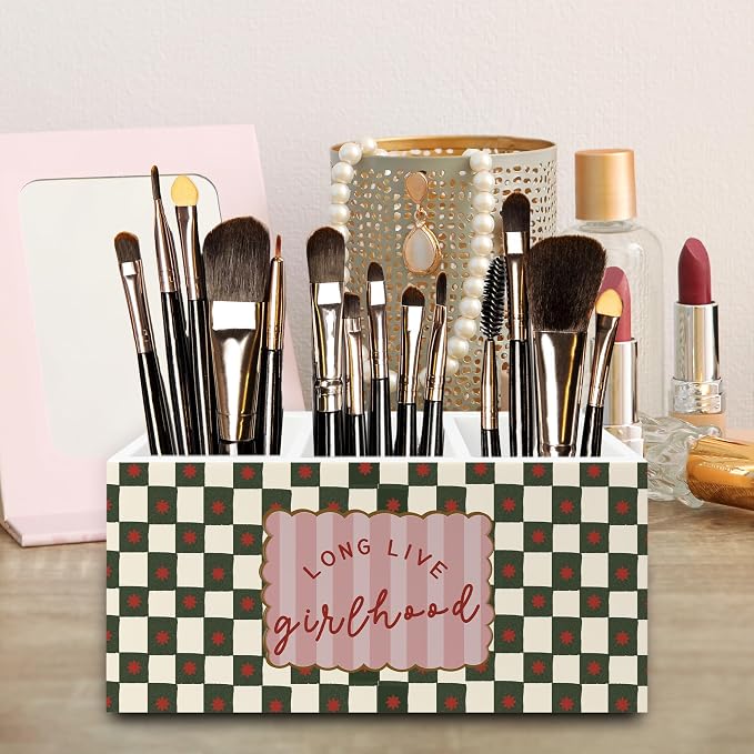 Girls Room Decor Pen Pencil Holder Organizer for Desk, Long Live Girlhood Green Checkered Wooden Box Signs Decorations for Kids Girls Room Bedroom Desk Tabletop, Girl Nursery Decor