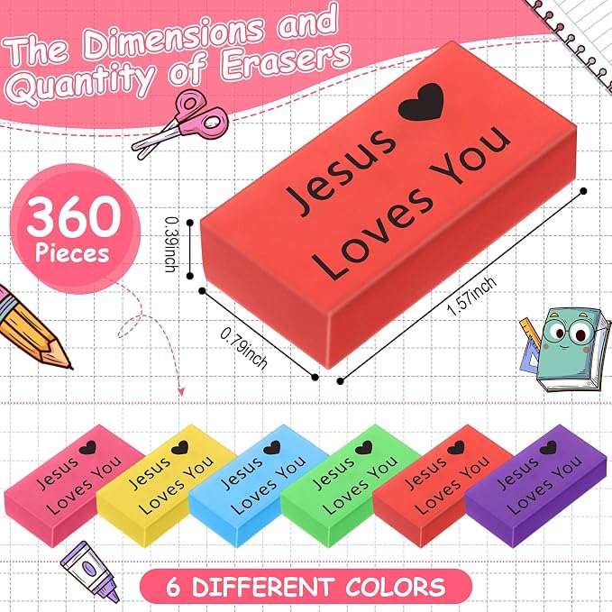 Resurhang 360 Pcs Erasers Bulk for Kids Inspirational Pencil Erasers Bulk for Drawing Motivational Big Eraser School Supplies for Classrooms Back to School Office (Jesus Loves You,Multicolor)