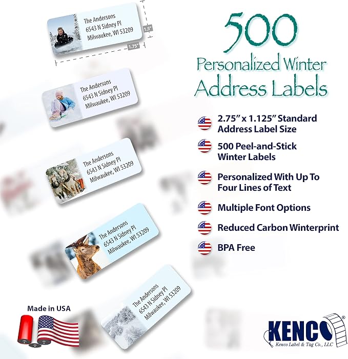 Customized Personalized Winter Holiday Address Labels - Made in the USA by Kenco (500 Labels, Winter)