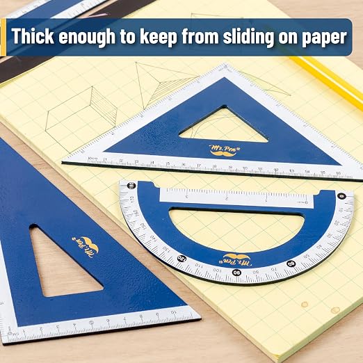 Mr. Pen- Wooden Geometry Set, 4 Pack, 8" 30°/60° Set Square | 5.5" 45°/90° Set Square, 6" Protractor & 12" Ruler for Classroom Use, Math, Drafting, Technical Drawing & Architecture