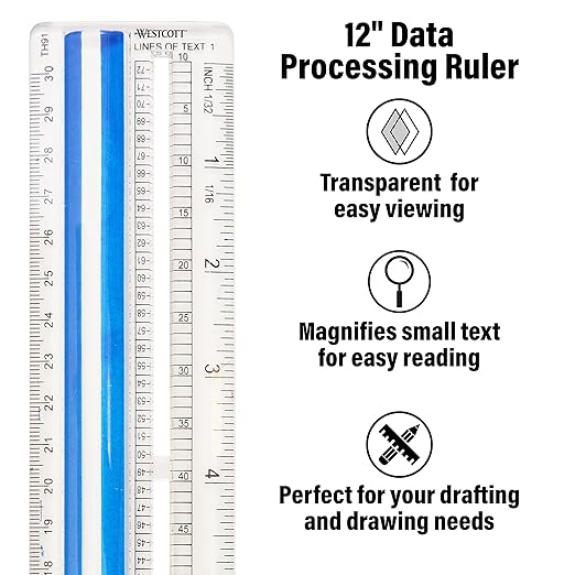 Westcott Data Processing Magnifying Ruler, 2X Magnification, 1/16-Inch & Tenths Scales, Back-to-School, School Supplies, Classroom Supplies, 12-Inch