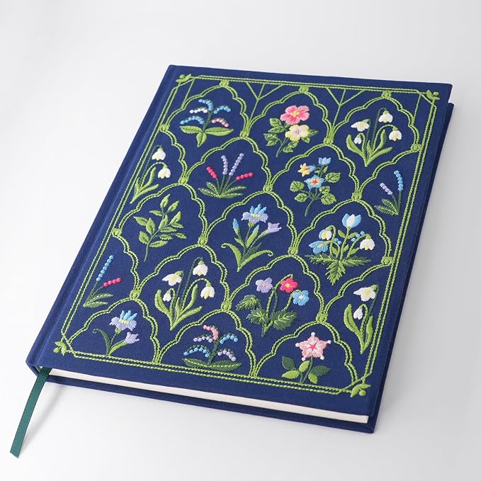 diodrio Luxury Embroidered Sketchbook for women 180gsm Premium Heavy Paper 92 Blank Pages, Keepsake Sketch Book with Floral Embroidery, 10.4" L x 8.25" W, Grosgrain Ribbon Bookmark, Lapis Blue, Size M