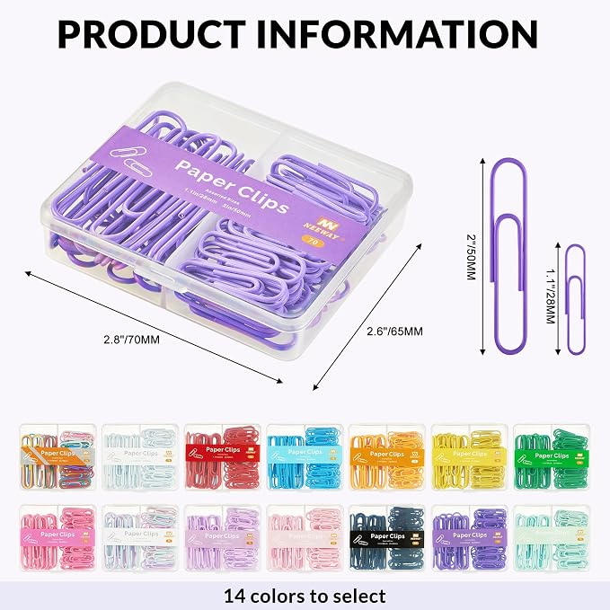 NEEWAY Colorful Paper Clips Assorted Sizes, Small and Large Paperclips, 210 Count, 3 Pack of 70 (Purple)