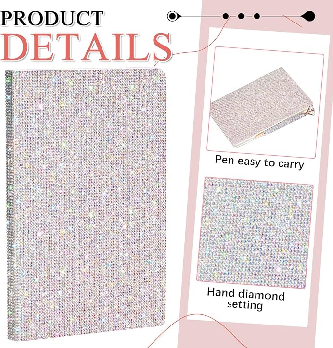 Rhinestone Pen & Glitter Notebook Set, Hard Cover Bling Diary Journal for Girls, Cute School Supplies for Back to School, Sparkly Desk Accessories Gift for Women(Rhinestone,A5,Silver)