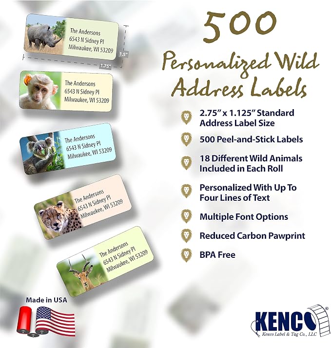 Customized Personalized Address Labels - Made in the USA by Kenco (Wild Animals, 500 Labels)