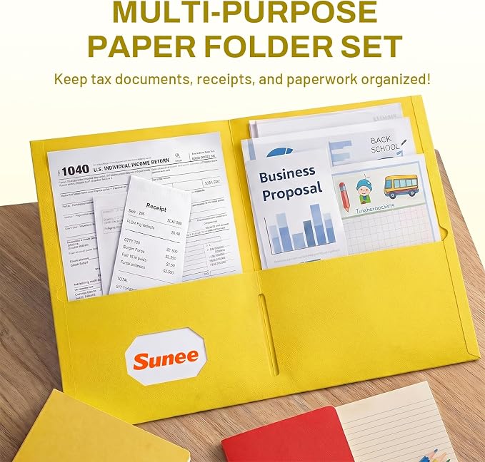 SUNEE Folders with Pockets(25 Pack, Yellow), 2 Pocket Folders Fit Letter Size Paper, Paper File Folder for School Office Home Business
