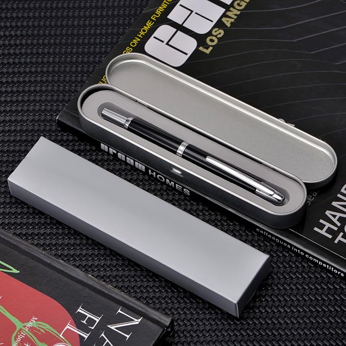 Jinhao 10 Press Fountain Pen with Box, Piano Black Retractable Fine Nib with Ink Converter Set (Silver Clip)
