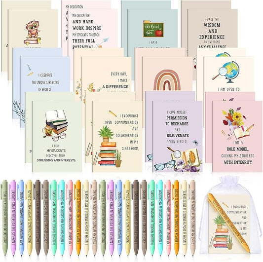 Mooliwe 24 Pcs Positive Affirmation Gift Set Gratitude Notebooks with Pens Small Bags Motivational Encouragement Notepads Daily Affirmations Journal for Women Stress Relief Self Care (Teacher)