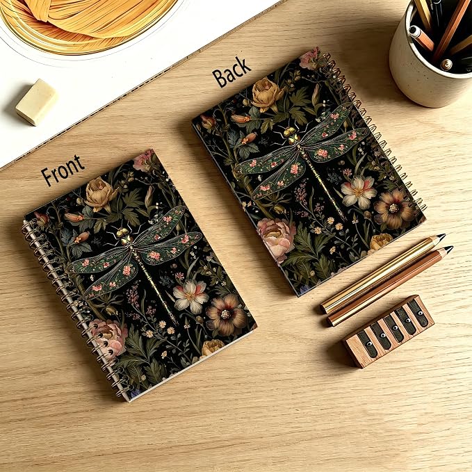 HOXUNQINA Moody Dark Floral Dragonfly Journal Notebook 5.5x8.3 | Dragonfly Gifts for Women Journal, Vintage Dark Cottagecore Botanical Insect Aesthetic Notebooks for Work