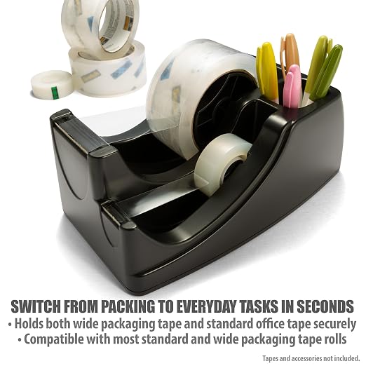 Officemate Recycled 2-in-1 Heavy Duty Tape Dispenser, 1" and 3" Cores, Black (96690)