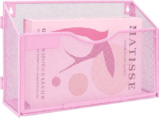 1 Pocket Mesh Wall File Holder Organizer Office Hanging File Folder Magazine Rack, Nametag Label Hooks Set Included (Pink)