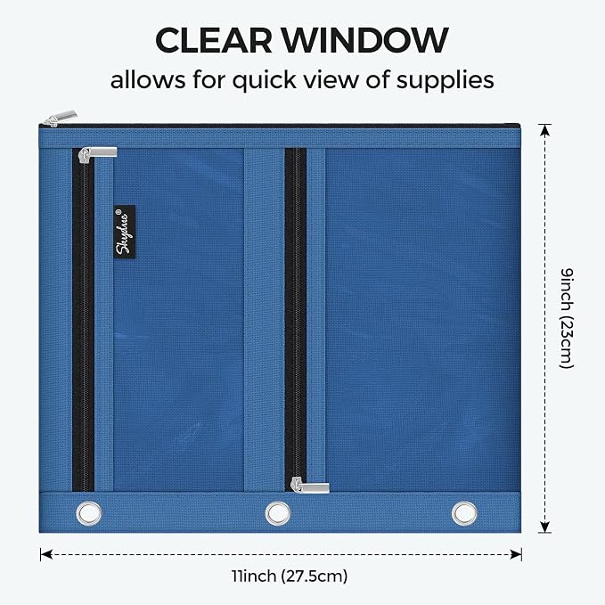 SKYDUE Binder Pencil Pouch for 3 Ring Binder, 3 Compartment Zipper Case, Large Capacity Pen Organizer with Clear PVC Window for School Supplies, Students, Kids & Teachers