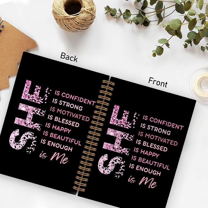 QLMX She Is Me Affirmations Spiral Notebook, Pink Black Inspirational Self Care A4 Journal Notebook, Positive Notebooks for School Work, Self Love Office Supplies Gifts for Women Girls, 8.3x11.7 Inch