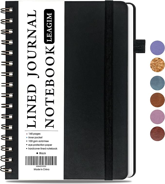 LEAGIM Lined Spiral Journal Notebook for Women & Men, College Ruled Hardcover Notebook for Work & Note Taking, Journals for Writing, 100 GSM, Business, School, 140 Pages, A5(5.8"x8.5") - Black