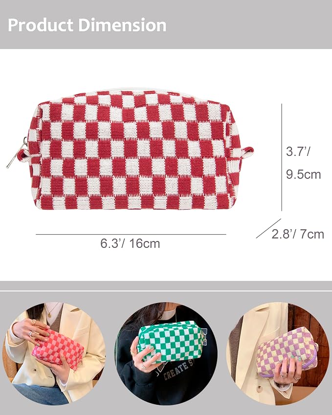 Checkered Makeup Bag for Purse, Small Travel Cosmetic Pouch,Christmas Red | Cute Zipper Makeup Organizer for Women, Travel Essentials, Toiletries, Makeup Brushes, Beauty Accessories&Bridesmaid Gifts
