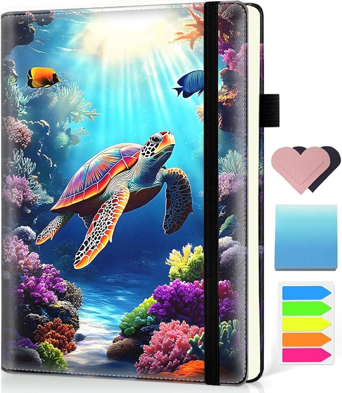 Hardcover Executive Notebooks, A5 PU Leather Lined Journal Notebook, 200 Pages Thick Paper Subject Notebooks for School,Work,Home Writing Business Notebook, Diary Book ， Sea Turtle Ocean