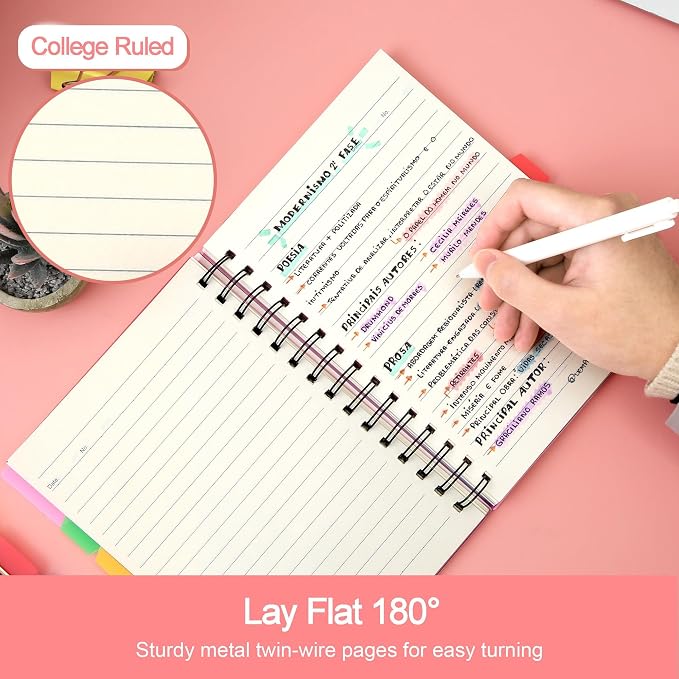CAGIE 2 Pack 5 Subject Notebook, Small Spiral Notebook with Tabs | 6.1'' x 8.2'', A5 Spiral Notebooks College Ruled for Women, 240 Pages Note book for School Note Taking, Pink