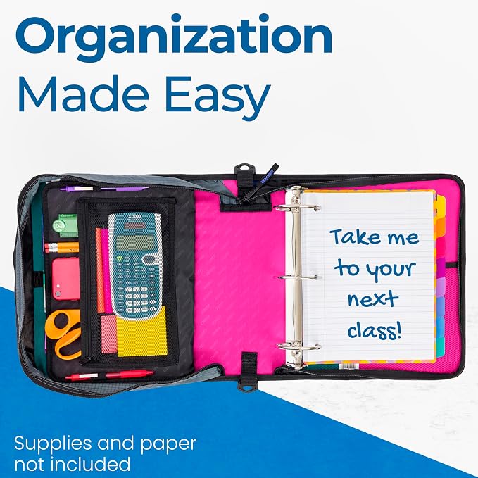 Case-it Mighty Zip Tab School Zipper Binder | 3-Inch O-Rings, 600-Sheet Capacity, 5-Subject Expanding File Folder, Multiple Pockets & Storage Organizer, Shoulder Strap | D-146 Magenta