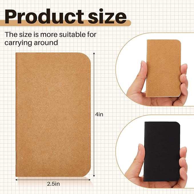 Outus 36 Pcs Pocket Notebook Mini Journal 2.5" x 4" Kraft Paper Mini Notepad Bulk Softcover Pocket Notepad Memo Diary Subject Notebooks for Student Travel School (Brown Black,Blank Cover)