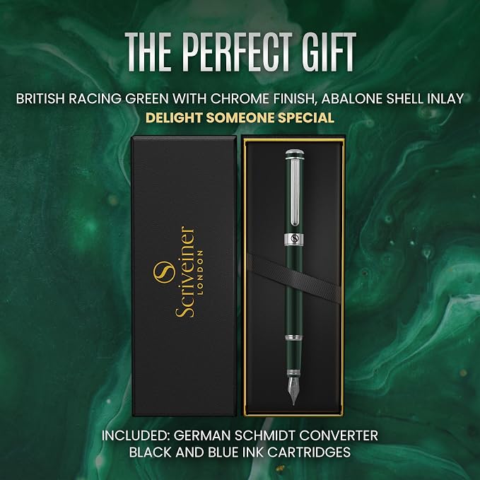 Scriveiner British Racing Green Fountain Pen - Stunning Luxury Pen with Chrome Finish, Schmidt Nib (Medium), Best Pen Gift Set for Men & Women, Professional, Executive, Office, Nice Pens