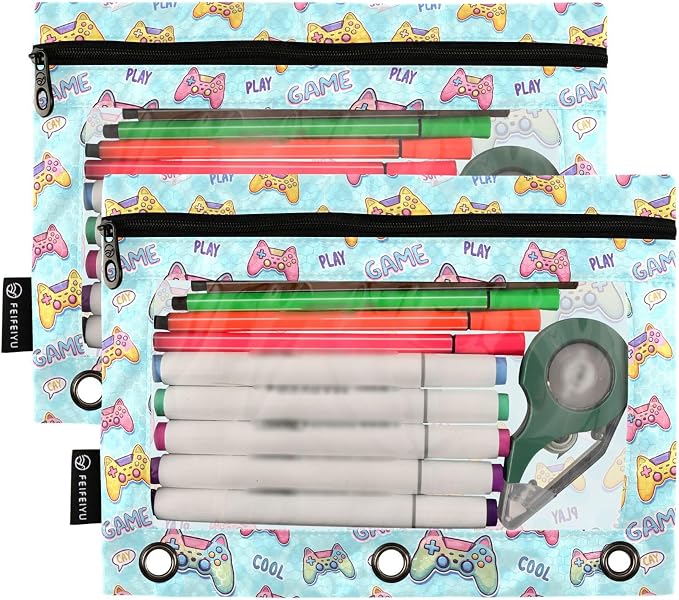 Mahjong Gambling Binder Pouches 3 Ring for Boys Girls School Office College Supplies Green White Doodle Pattern Pencil Pouches Case Bag with Clear Window and Zipper 2 Pack