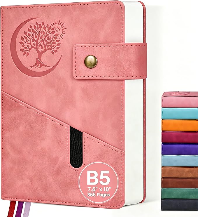 PAIBAS 7.6 x 10 Lined Notebook Journal 366 Pages Leather Journal for Women | Large notebook B5 journal with 100gsm lined notebook paper college ruled, 3 ribbon bookmarks, cover pocket & brass snap.