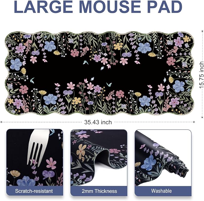 L-SPOUTTO Floral Mouse Pad,Botanical Desk Mat XXL Large Scalloped Black Gaming Mousepad,35.4x15.7in Non-Slip Rubber Base Keyboard Pad Waterproof Desktop Mat for Laptop Computer Game Home Office-Flower